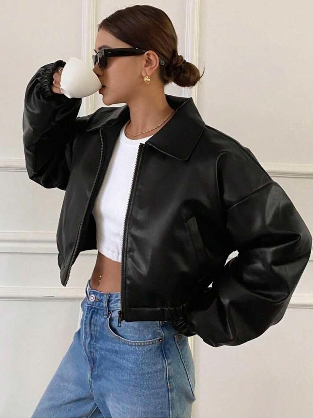 Cropped Black Faux Leather Jacket - Contemporary Women's Coat